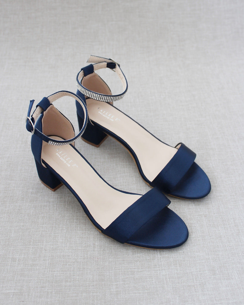Navy Blue Satin Block Heel Sandals with MINI RHINESTONES Embellished A