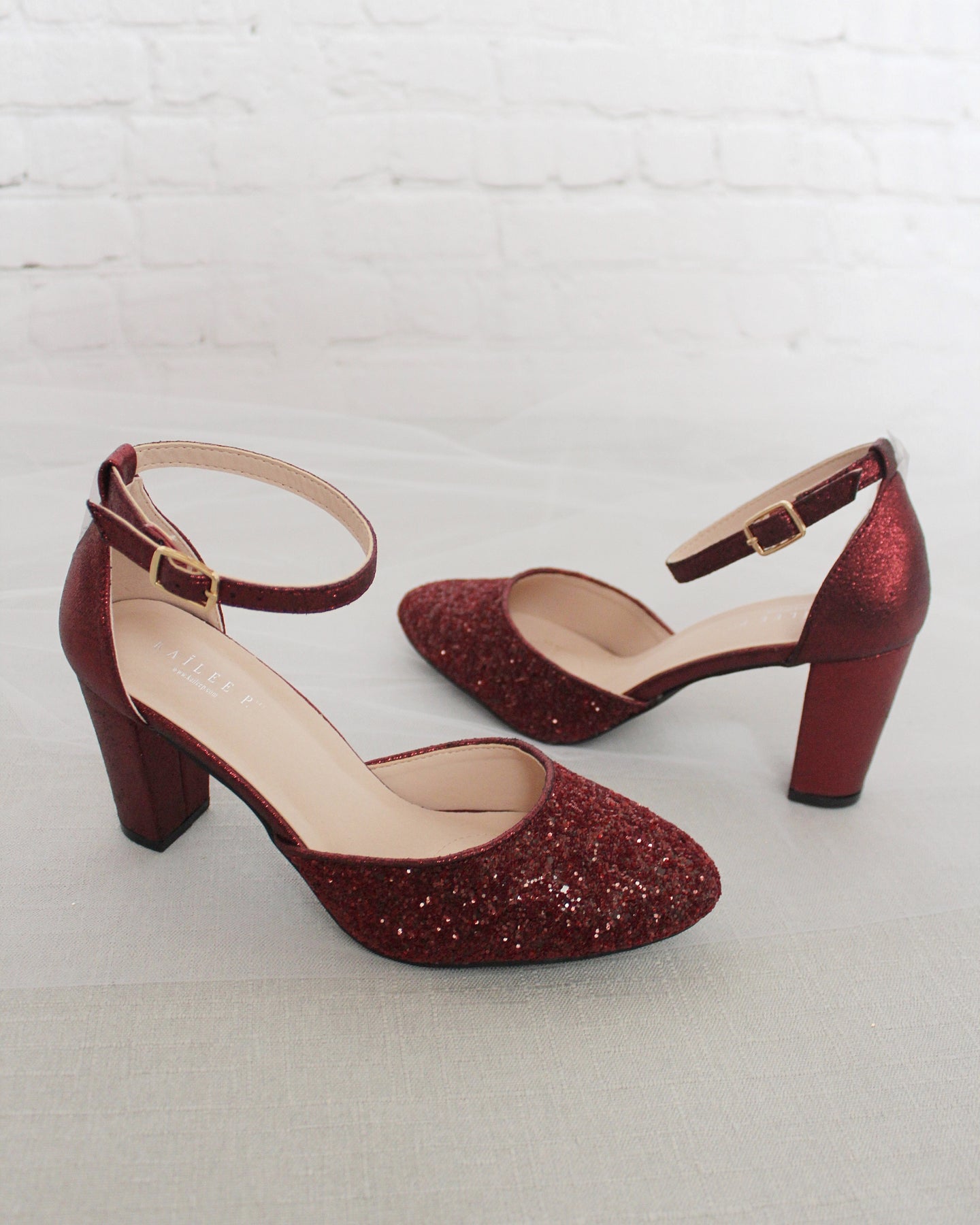 Burgundy Rock Glitter Block Heel with Ankle Strap - Women Shoes ...