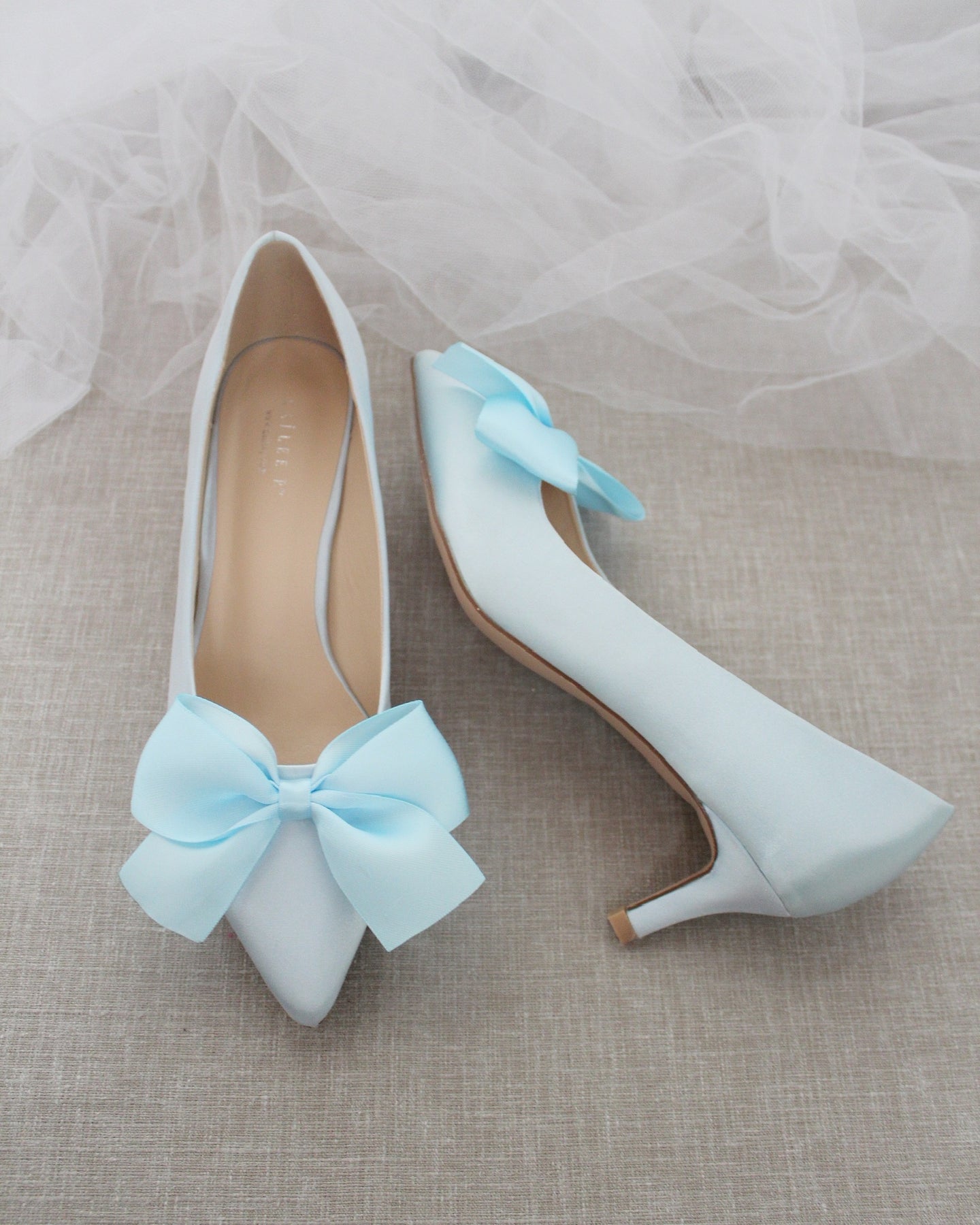 LIGHT BLUE Satin Pointy Toe Pump Low with SATIN BOW – Kailee P. Inc.