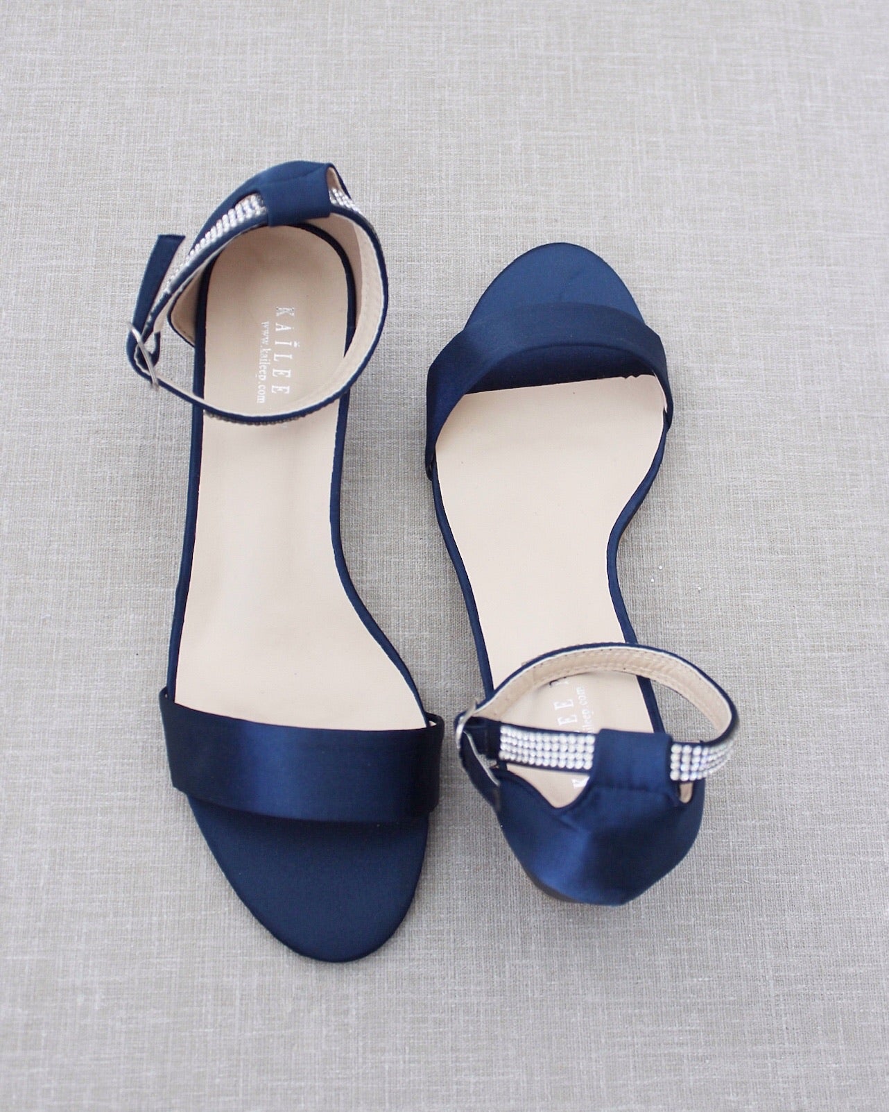 Navy Blue Satin Block Heel Sandals with MINI RHINESTONES Embellished A ...