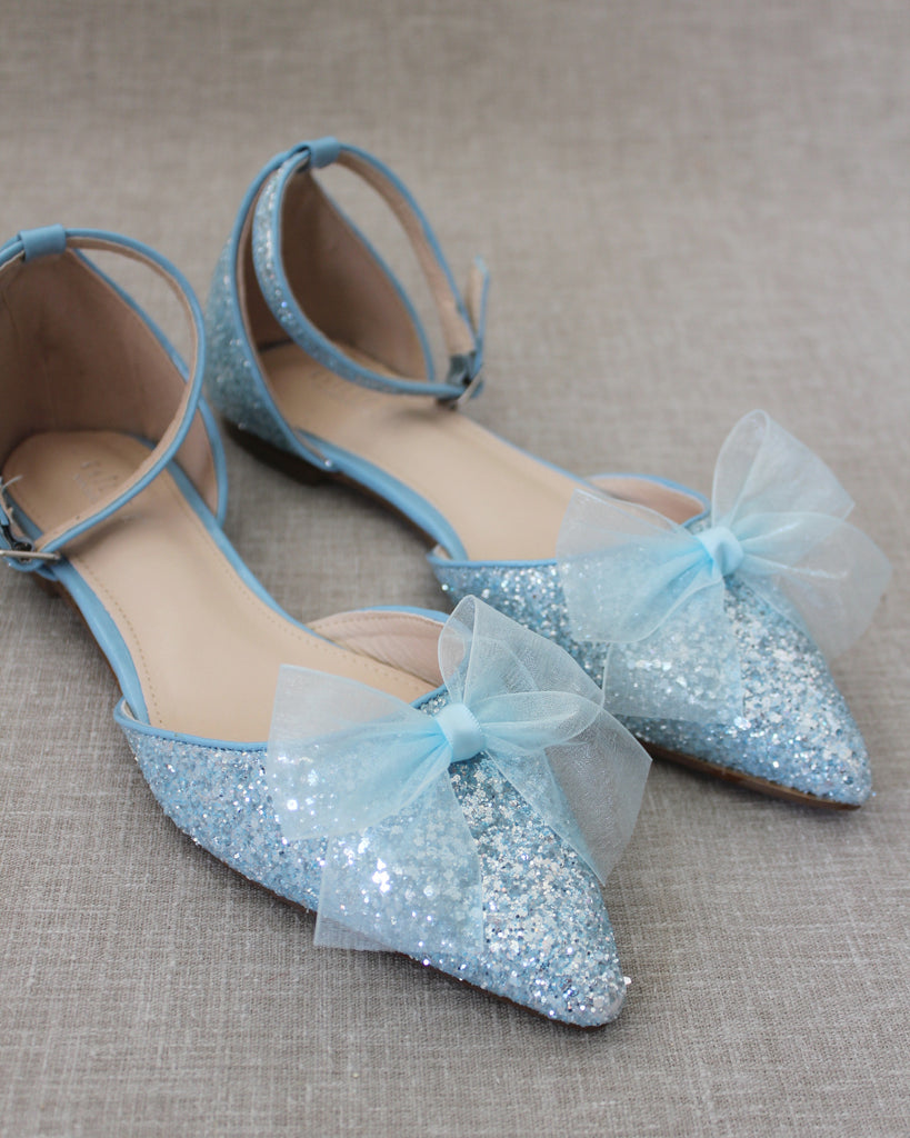 LIGHT BLUE Rock Glitter Ankle Strap Flats with Organza Bow - Women ...
