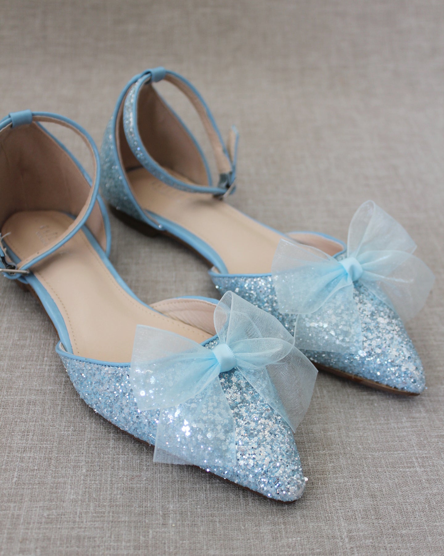 Light Blue Rock Glitter Pointy Toe Flats with Ankle Strap and Organza ...