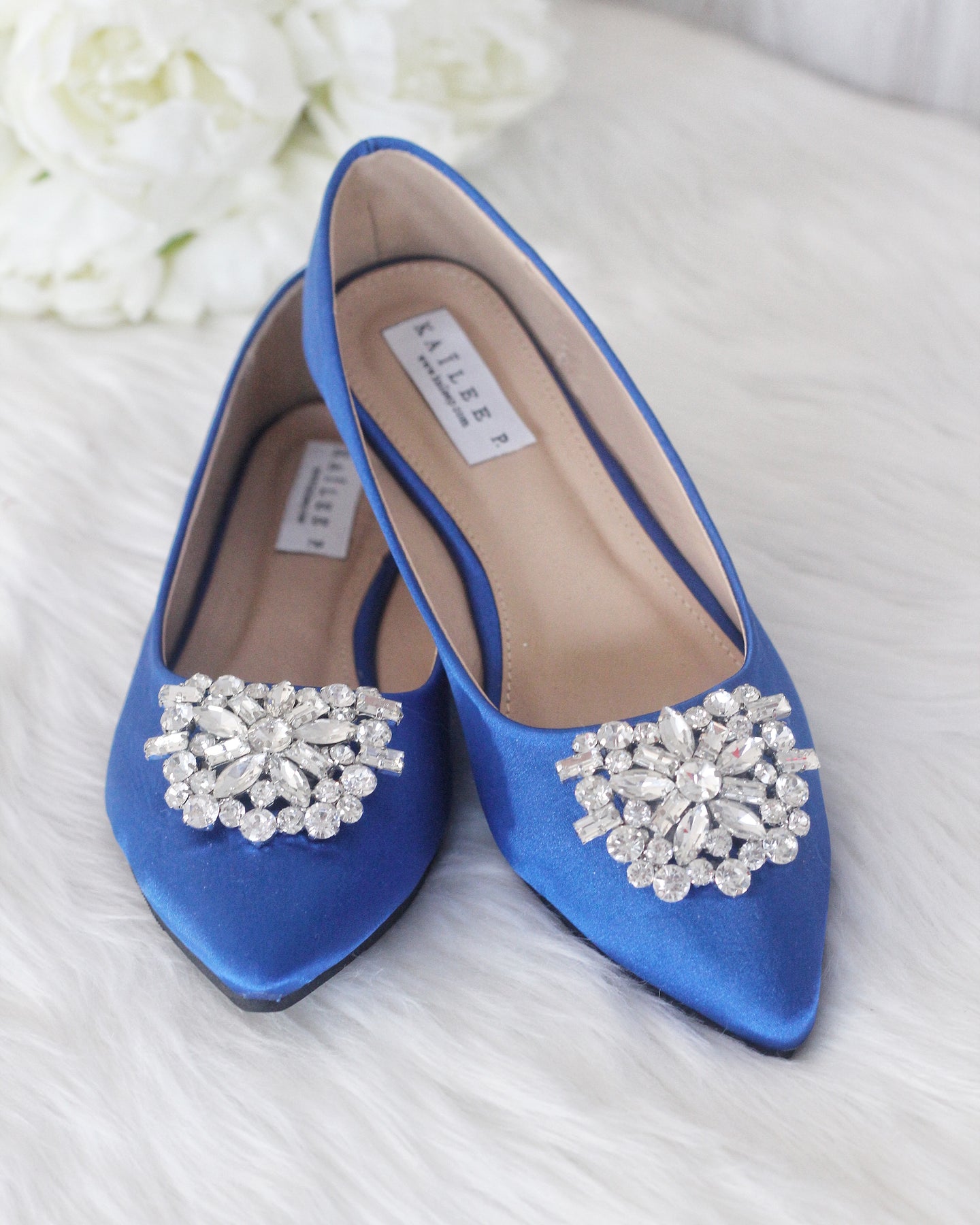 ROYAL BLUE Pointy Toe Flats with Oversized Rhinestone Brooch ...