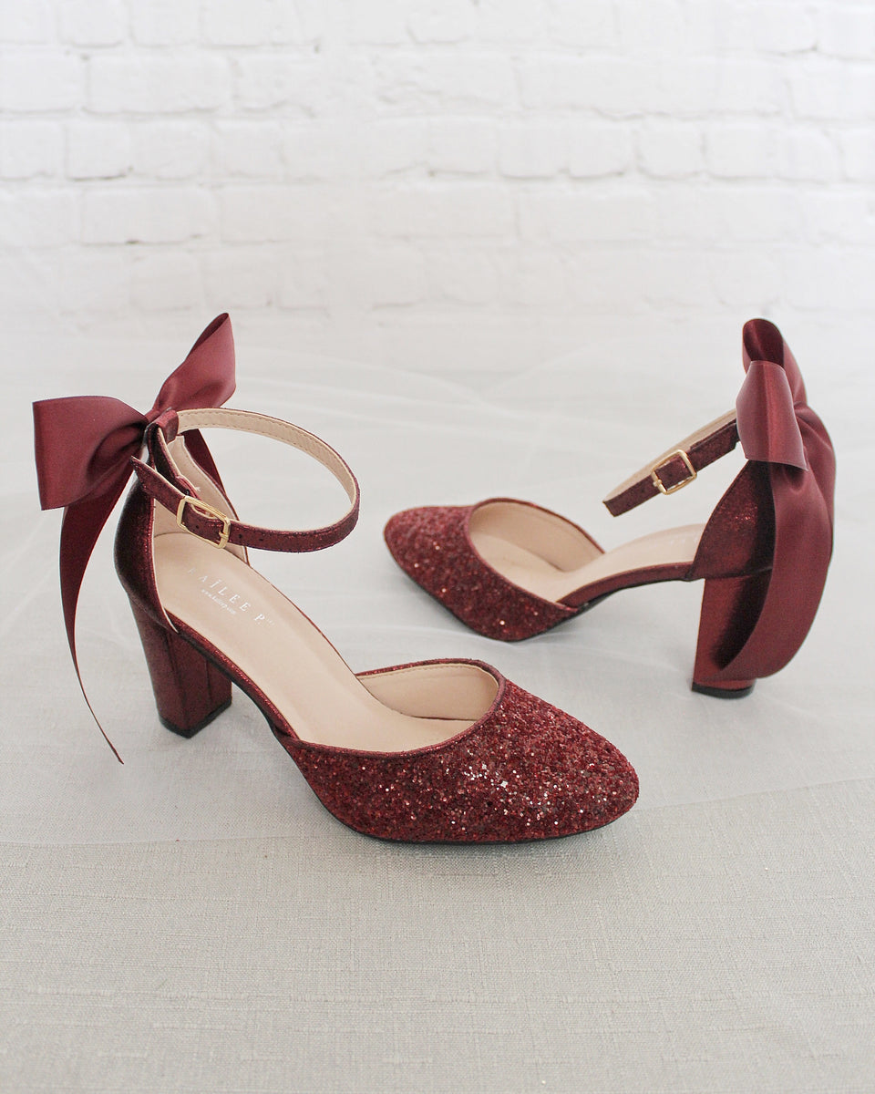 Burgundy Rock Glitter Block Heel with Back Satin Bow, Women Shoes ...