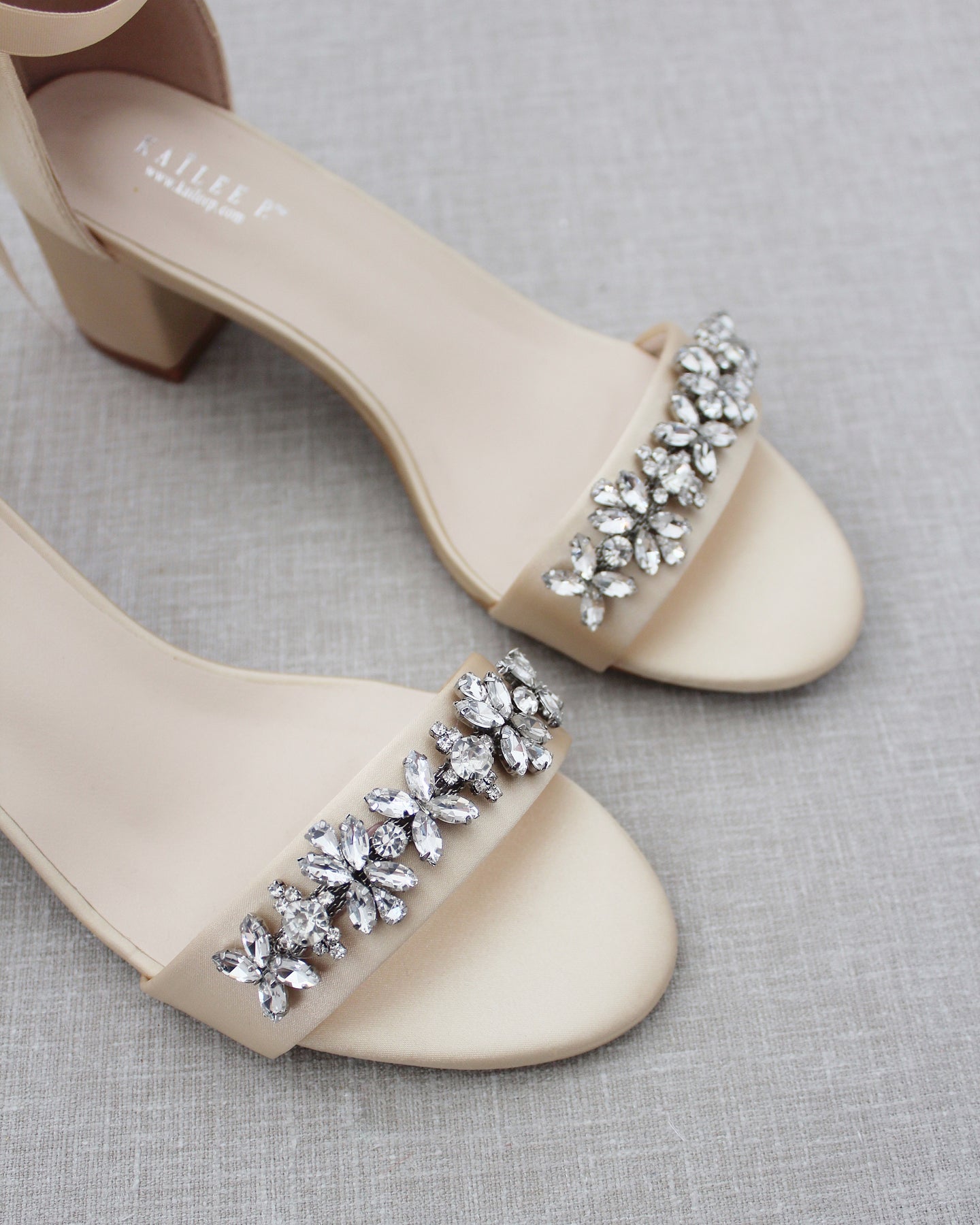 Champagne Satin Block Heel Sandals with FLORAL RHINESTONES on Upper St ...
