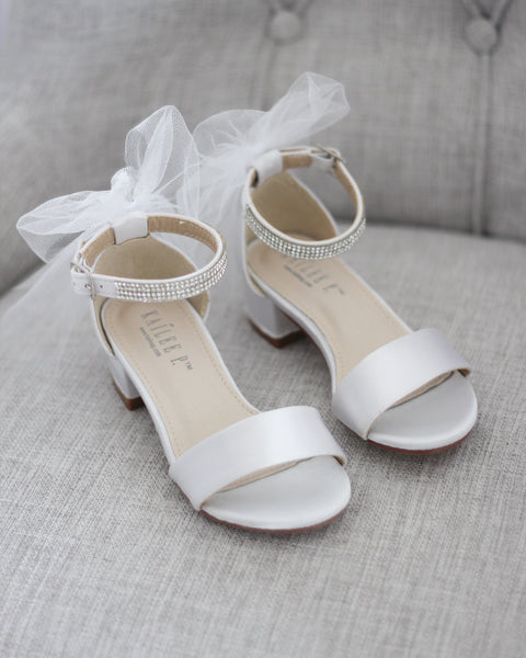 WHITE SATIN Block Heel Sandals with Tulle Bow, Flower Girls Sandals ...