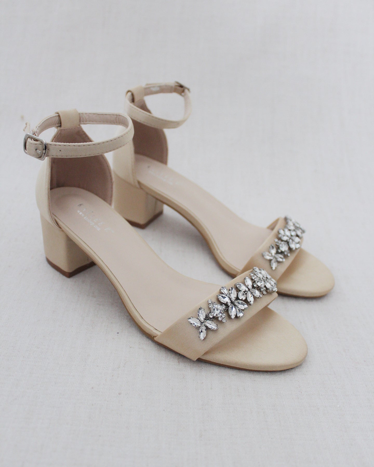 Champagne Satin Block Heel Sandals with FLORAL RHINESTONES on Upper St ...