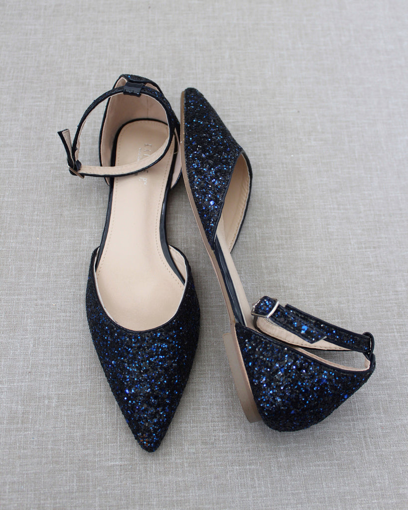 Navy Rock Glitter Ankle Strap Flats With Organza Bow Women Shoes Bridal Shoes Bridesmaid 