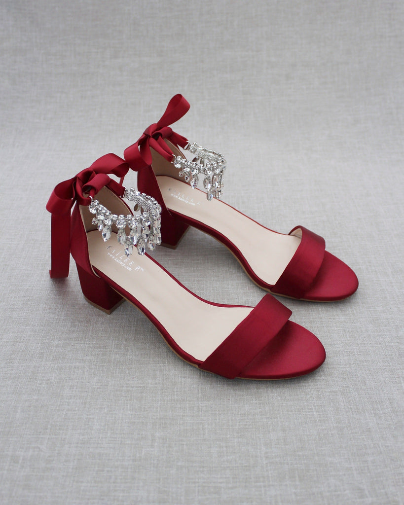 BURGUNDY SATIN Block Heel Sandal with Embellished DANGLED RHINESTONES ...