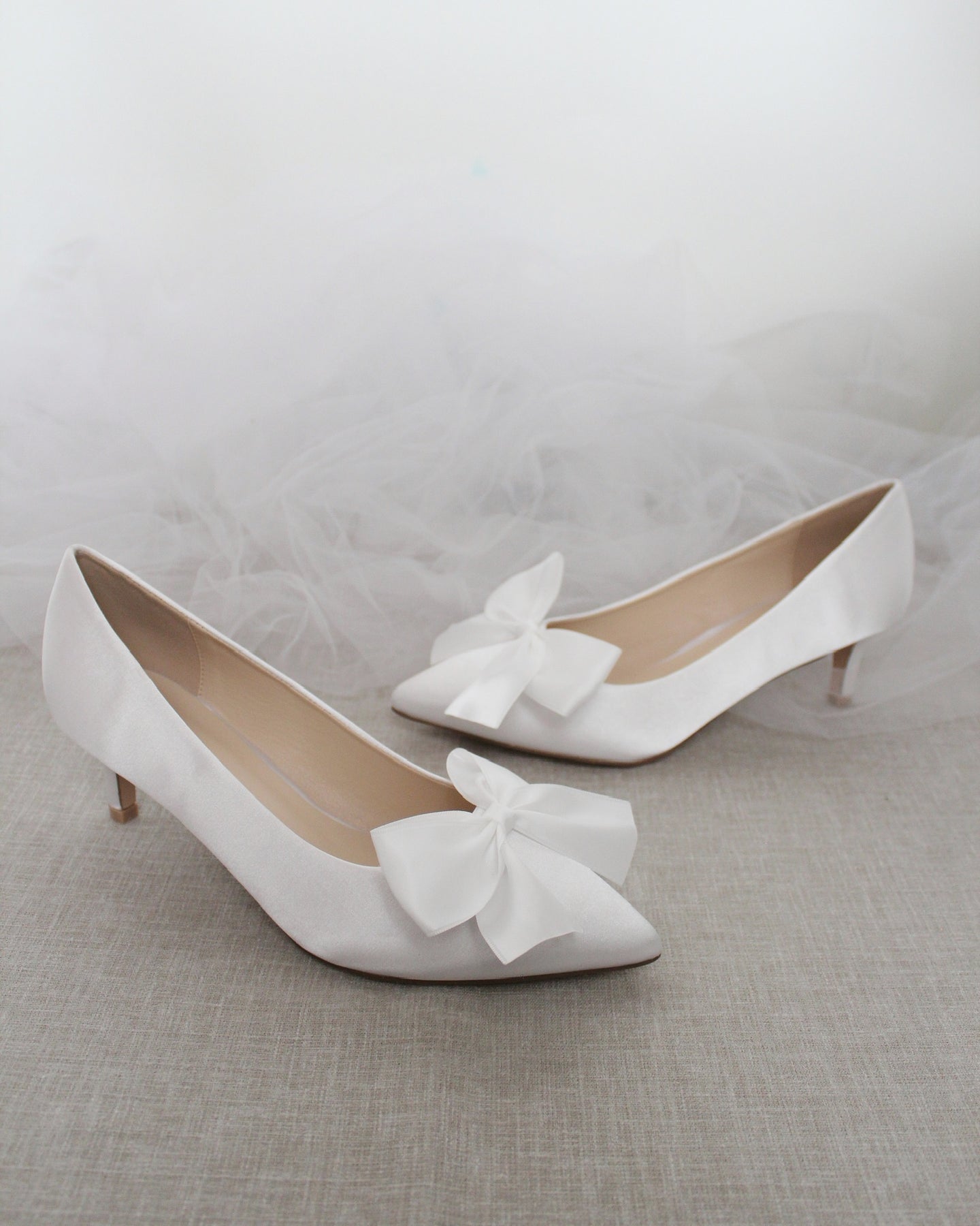 WHITE Satin Pointy Toe Pump Low Heel with SATIN BOW - Wedding Shoes ...