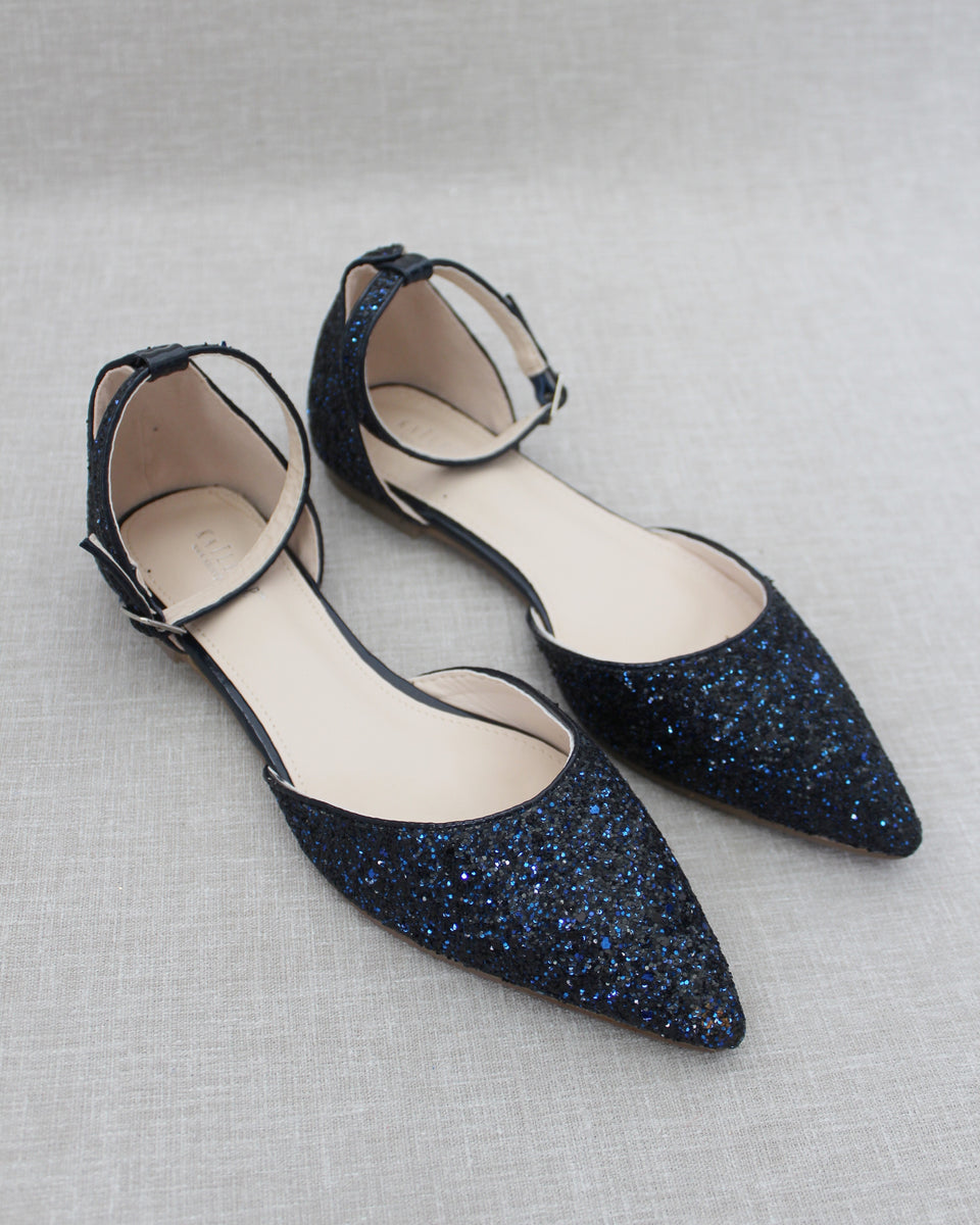 NAVY Rock Glitter Ankle Strap Flats with Organza Bow - Women Shoes ...