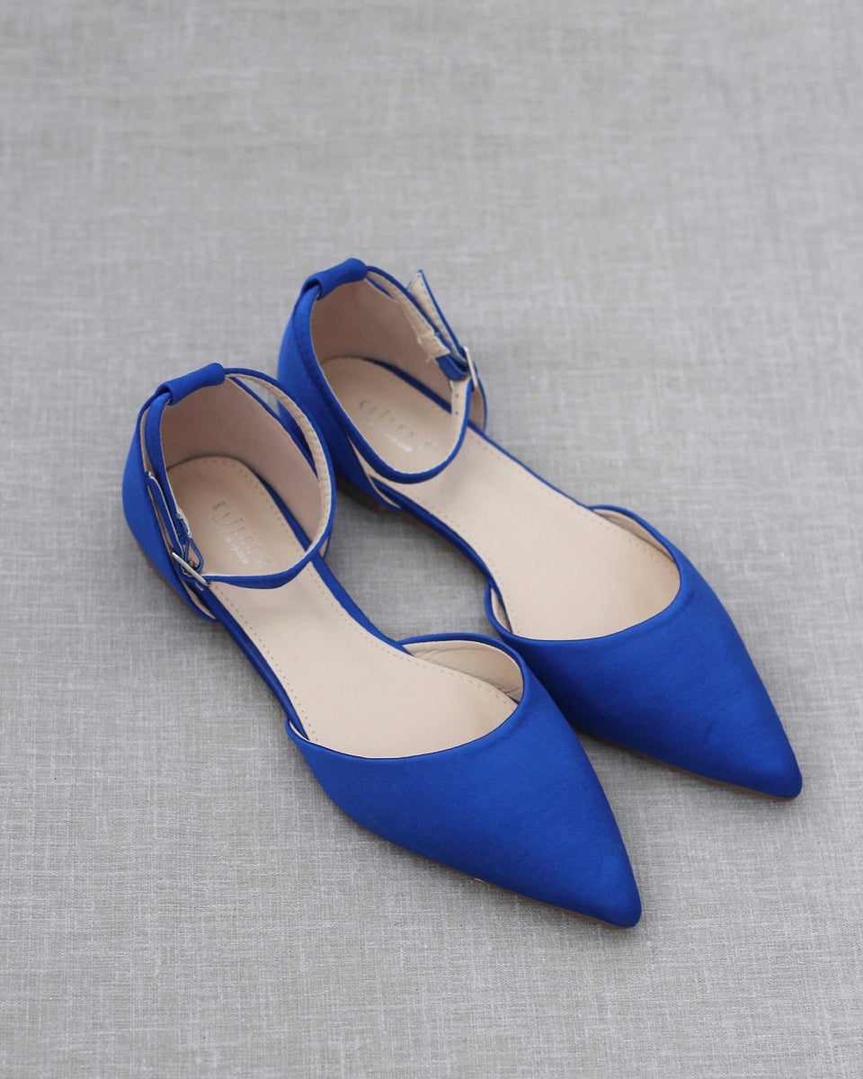 Royal Blue Satin Pointy Toe Flats with Ankle Strap - Wedding Shoes ...