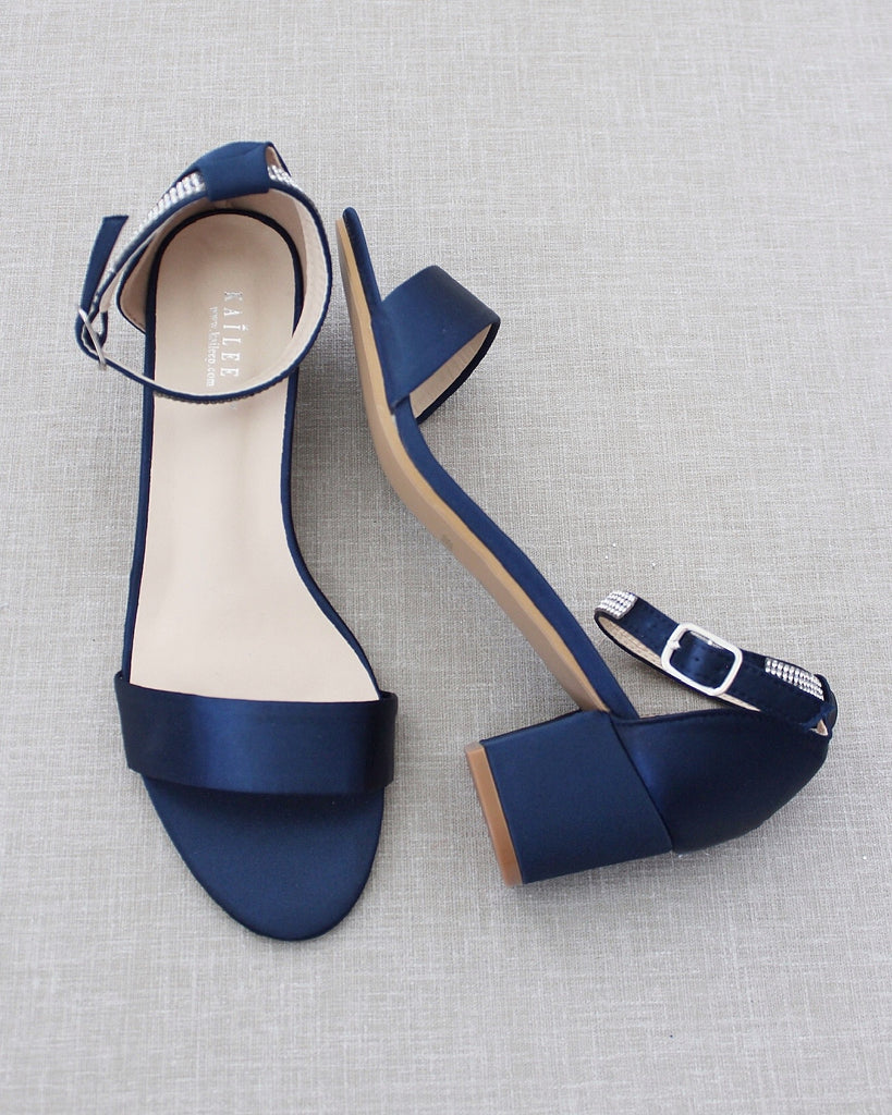 Navy Blue Satin Block Heel Sandals with MINI RHINESTONES Embellished A