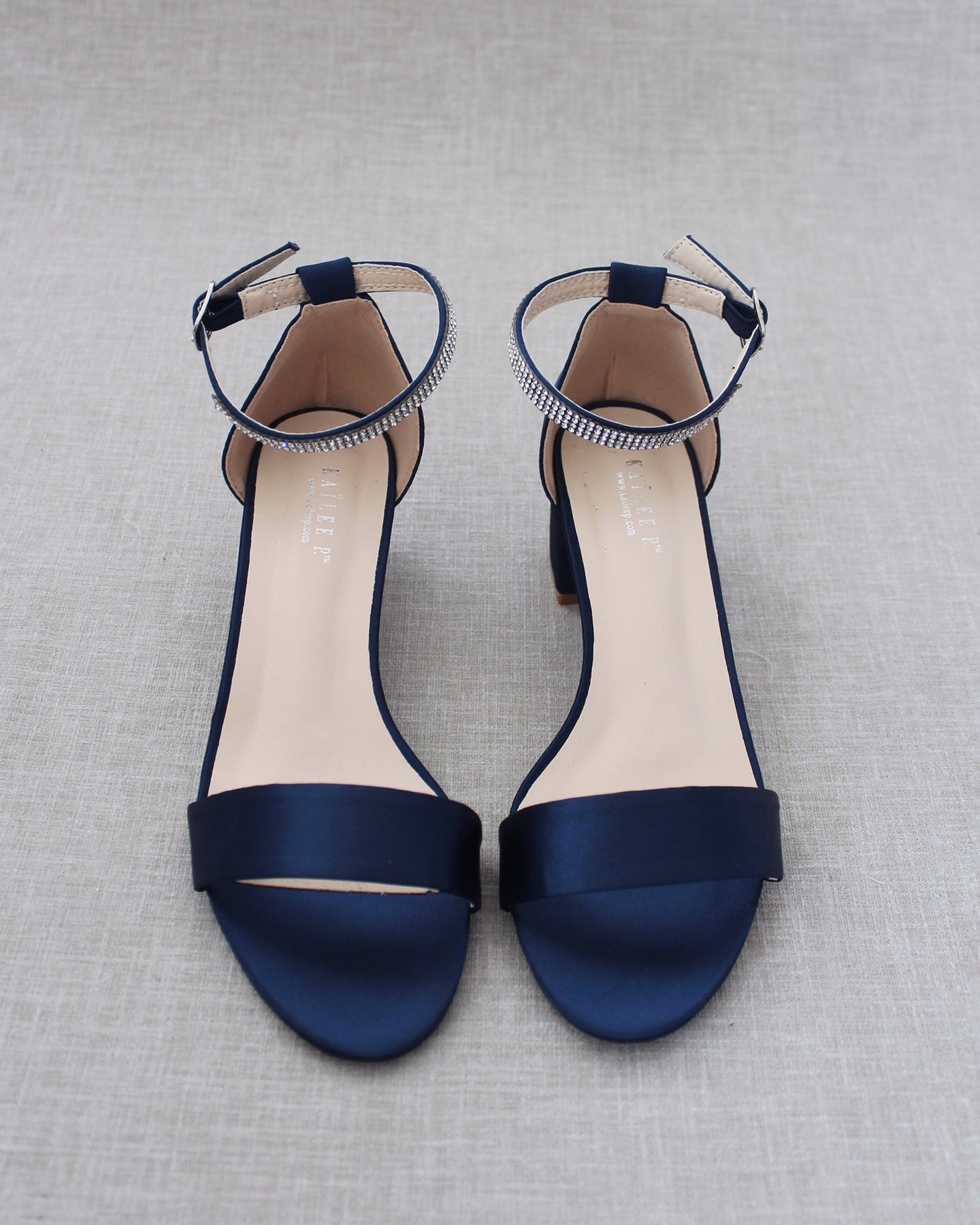 Navy Blue Satin Block Heel Sandals with MINI RHINESTONES Embellished A