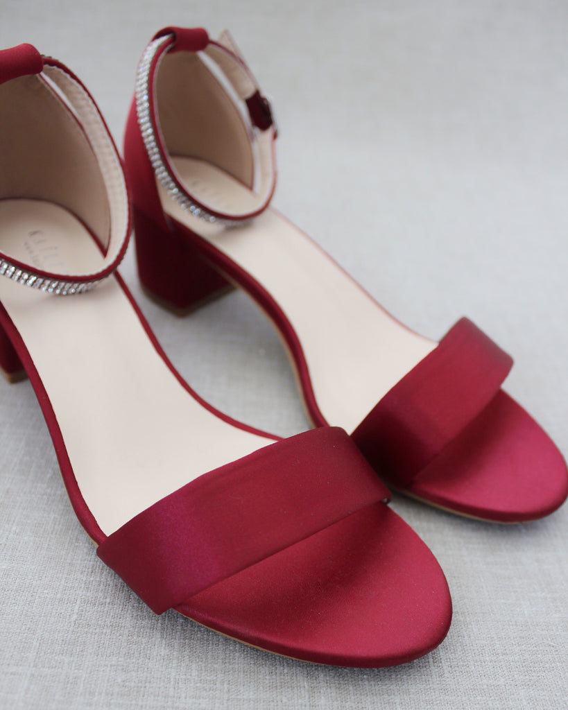 Burgundy Satin Block Heel Sandals with MINI RHINESTONES Embellished An ...