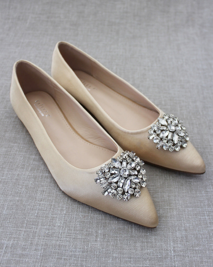 CHAMPAGNE Pointy Toe Satin Flats with 