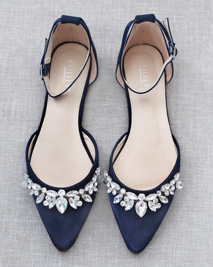 Navy Blue Satin Wedding Flats, Women Wedding Shoes, Bridesmaids Shoes ...