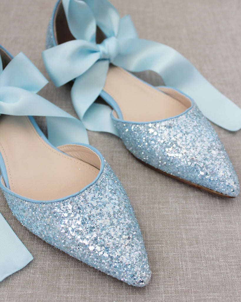 LIGHT BLUE Rock Glitter Pointy Toe Flats with Satin Ankle Tie or Balle ...