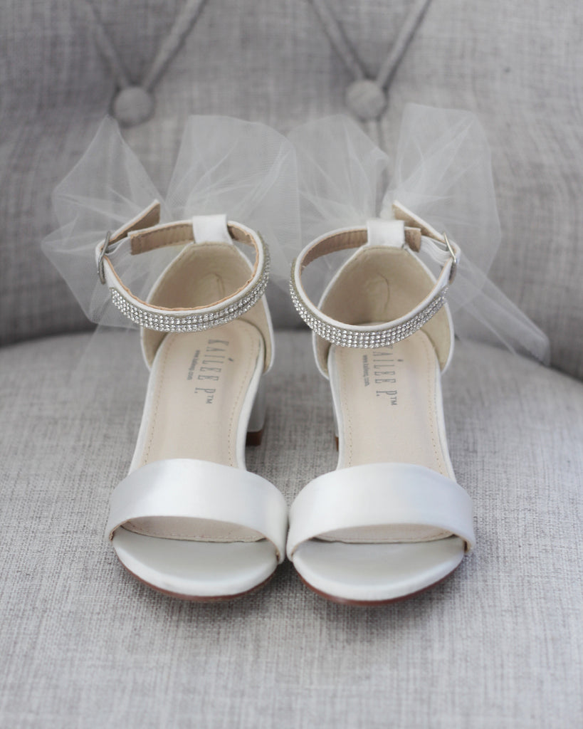 IVORY SATIN Block Heel Sandals with Tulle Bow, Flower Girls Sandals ...