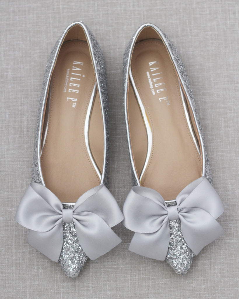 Women Glitter Shoes - SILVER Pointy Toe Rock Glitter Flats with Satin ...