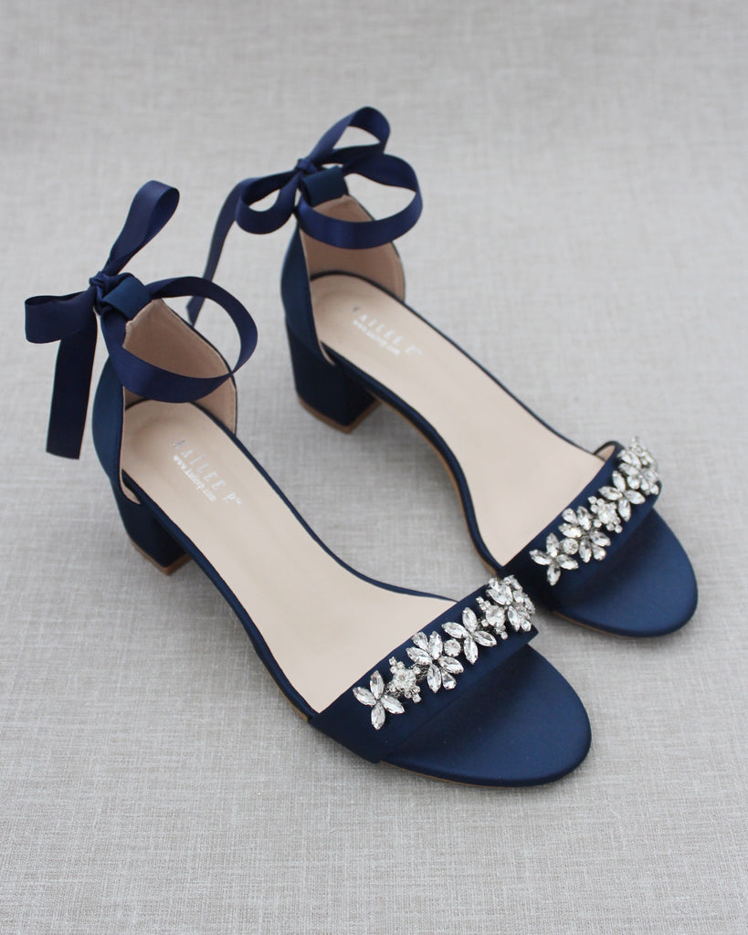 Navy Blue Satin Block Heel Sandals with 