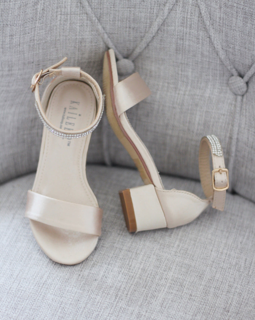 CHAMPAGNE SATIN Block Heel Sandals with Tulle Bow, Flower Girls Sandals ...