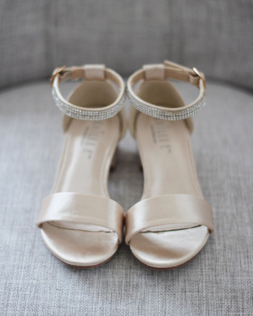 CHAMPAGNE SATIN Block Heel Sandals with Tulle Bow, Flower Girls Sandals ...