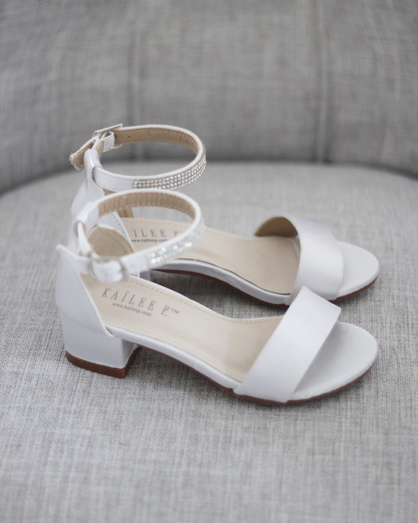 WHITE SATIN Block Heel Sandals with Tulle Bow, Flower Girls Sandals ...