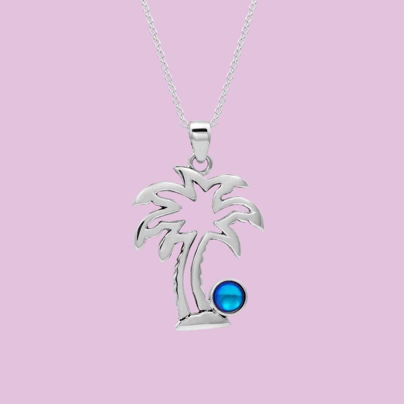 Sterling Silver-Palm Tree Pendant-Necklace Charm-Frosted-Blue-Leightworks-Crystal Jewelry-David Leight