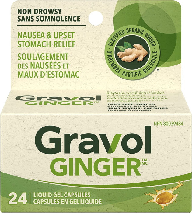 Gravol Ginger Liquid Gel Capsules for Upset Stomach and Nausea - 24 Capsules