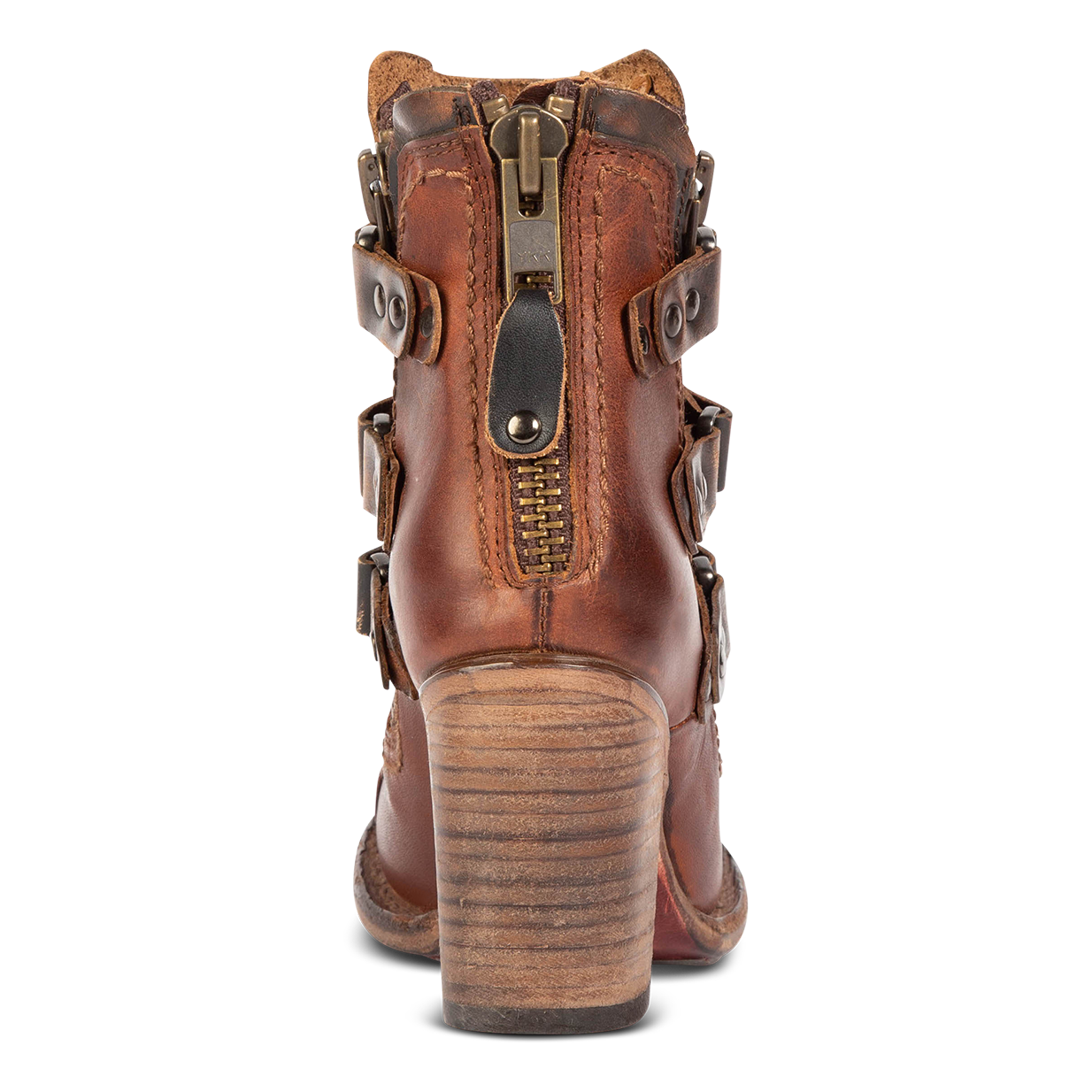 Back view showing back zip closure and stacked wooden heel on FREEBIRD women's Beckett cognac leather bootie