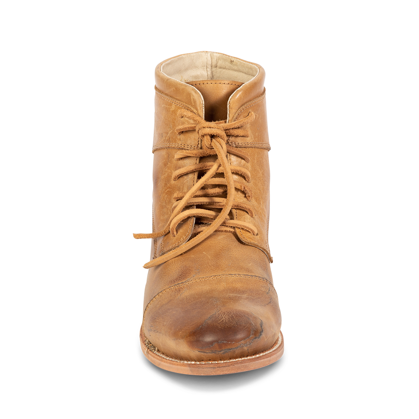 Front view showing adjustable front lacing on FREEBIRD men's Mercr camel leather shoe
