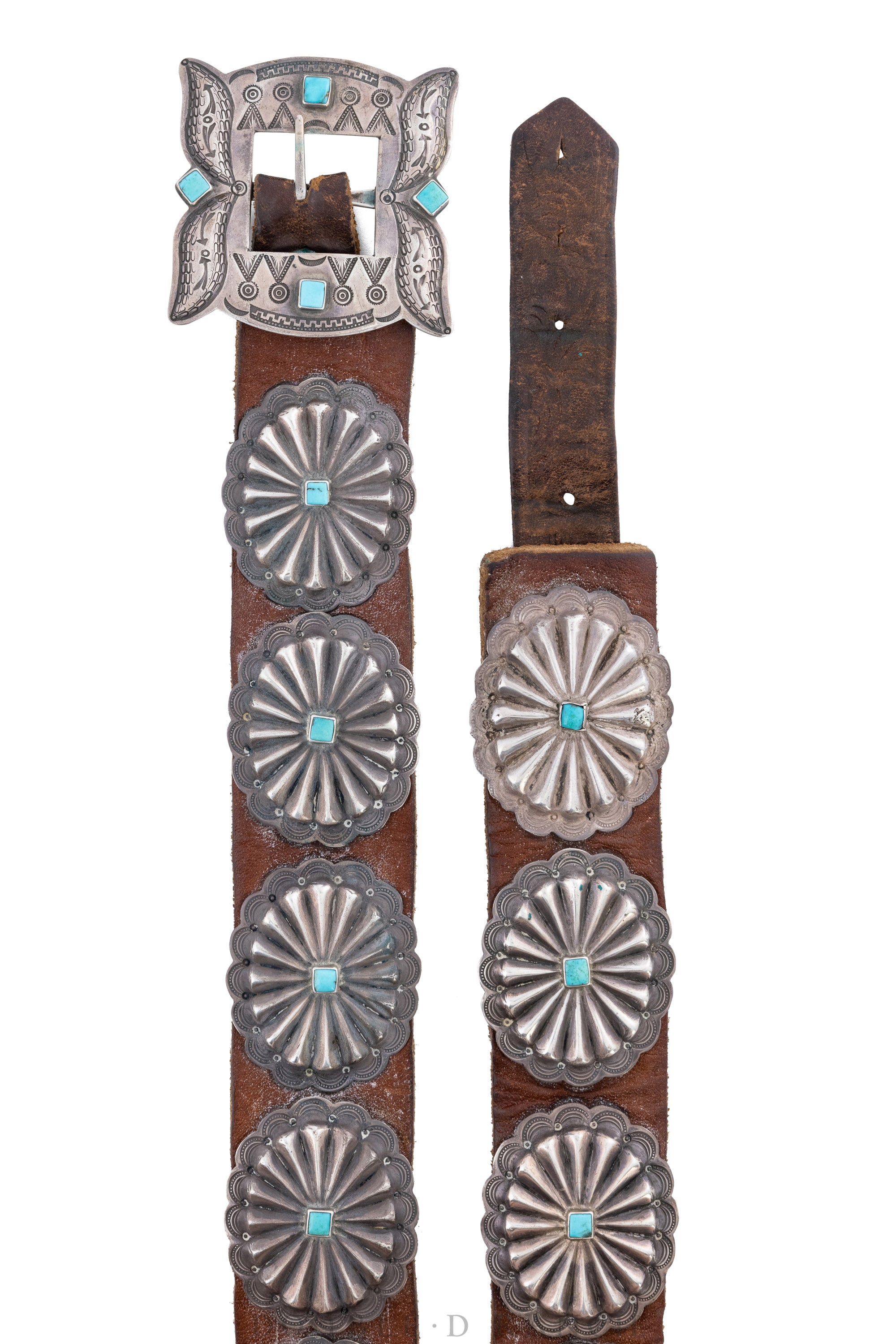 Item #978A- Navajo Turquoise Sun Symbols Stamped Sterling Silver Butterfly Concho Belt by de Chelly —Native American Turquoise & Silver Concho Belts