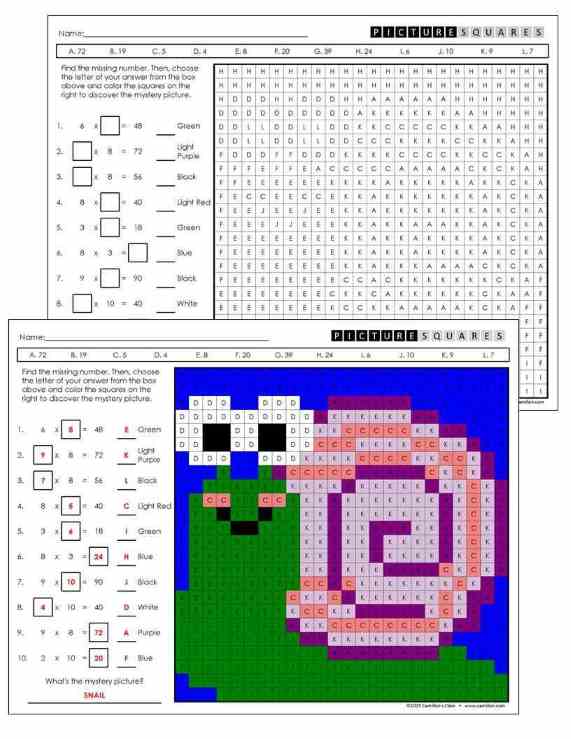 multiplication worksheets grade 3 - snail mystery picture