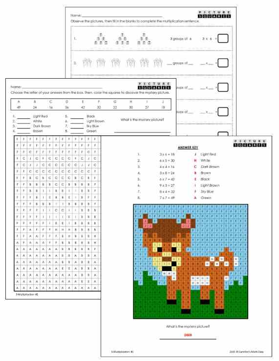 multiplication worksheets grade 3 - deer mystery picture