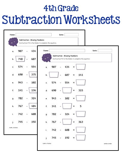 subtraction worksheets 4th grade pdf