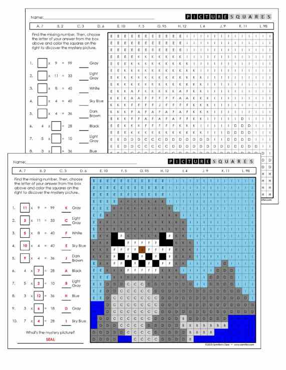 multiplication worksheets grade 3 - seal mystery picture