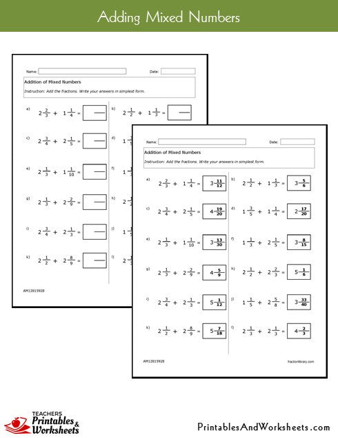 Adding Mixed Numbers Worksheets 4th Grade