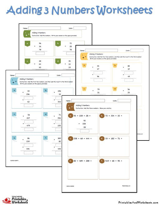 adding 3 numbers worksheets printables worksheets