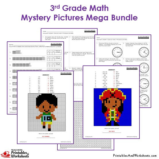 3rd grade math mystery pictures coloring worksheets bundle