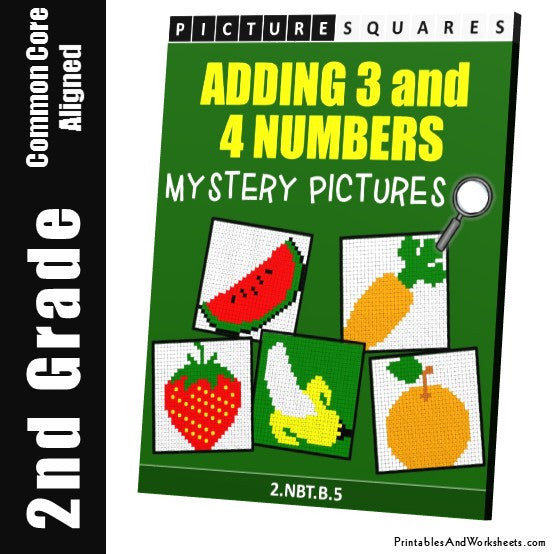2nd grade adding 3 to 4 numbers mystery pictures coloring worksheets printables worksheets
