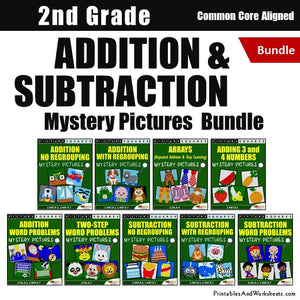 2nd Grade Addition and Subtraction Mystery Picture Coloring Worksheets ...