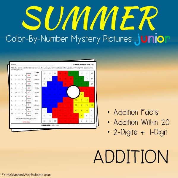 summer addition facts color by number printables worksheets