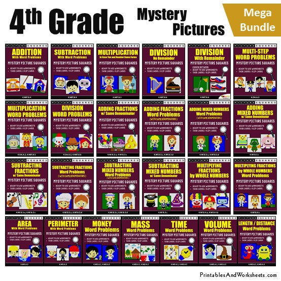 4th grade math mystery pictures coloring worksheets task cards printables worksheets