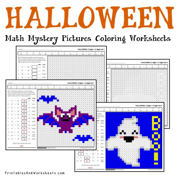 Halloween Addition Mystery Pictures Coloring Worksheets - Printables