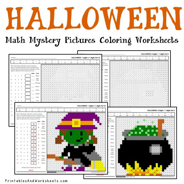 Halloween Math Mystery Pictures Coloring Worksheets Bundle - Printables