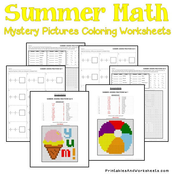 Summer Fractions Mystery Pictures Coloring Worksheets - Printables