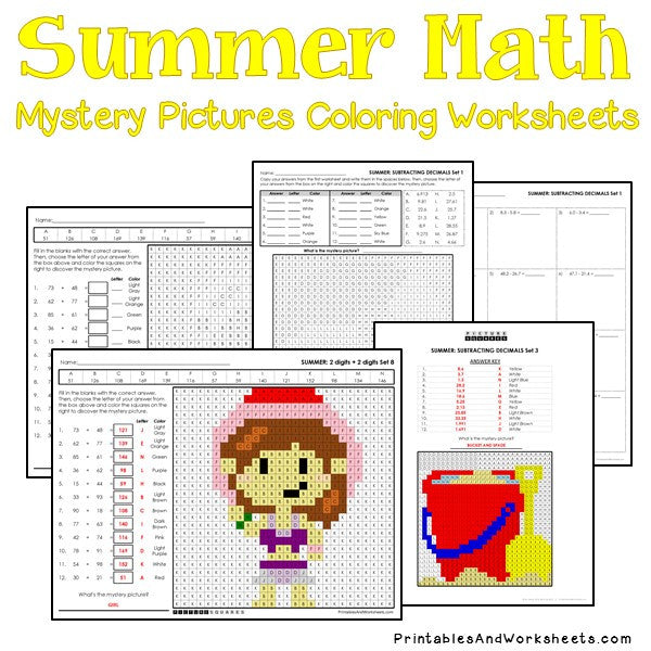 summer math mystery pictures coloring worksheets bundle printables worksheets