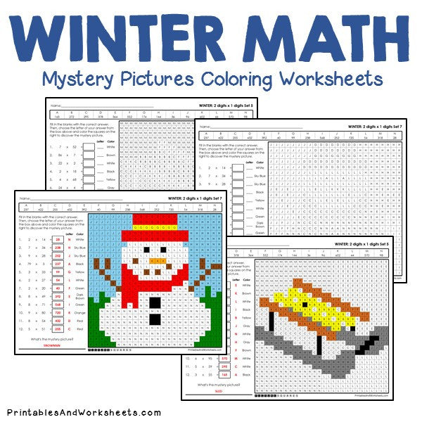 Winter Multiplication Mystery Pictures Coloring Worksheets Printables