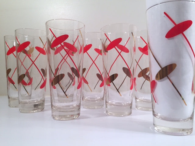 Jeannette Here's How Red and Gold Old Fashioned Glasses Set of 8 